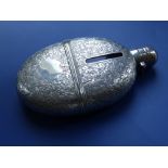 A Victorian engraved oval silver hip flask