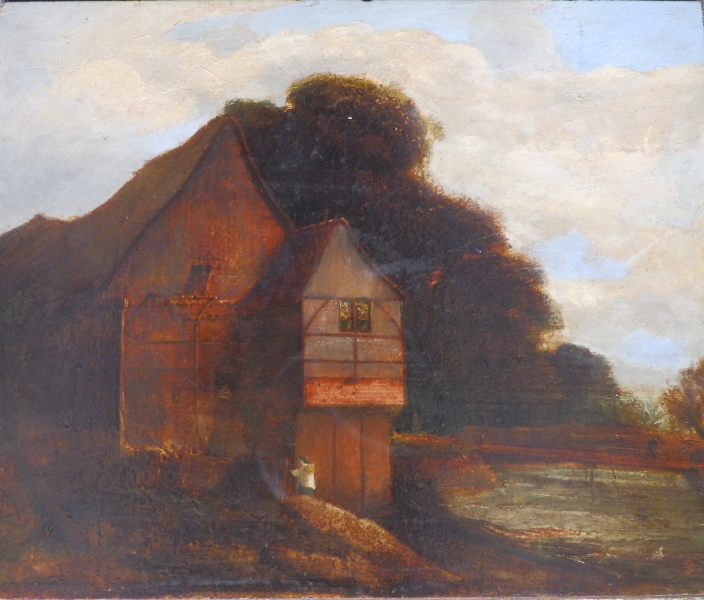 17th/18thC Continental School – oil on panel – A farm building by water with figures