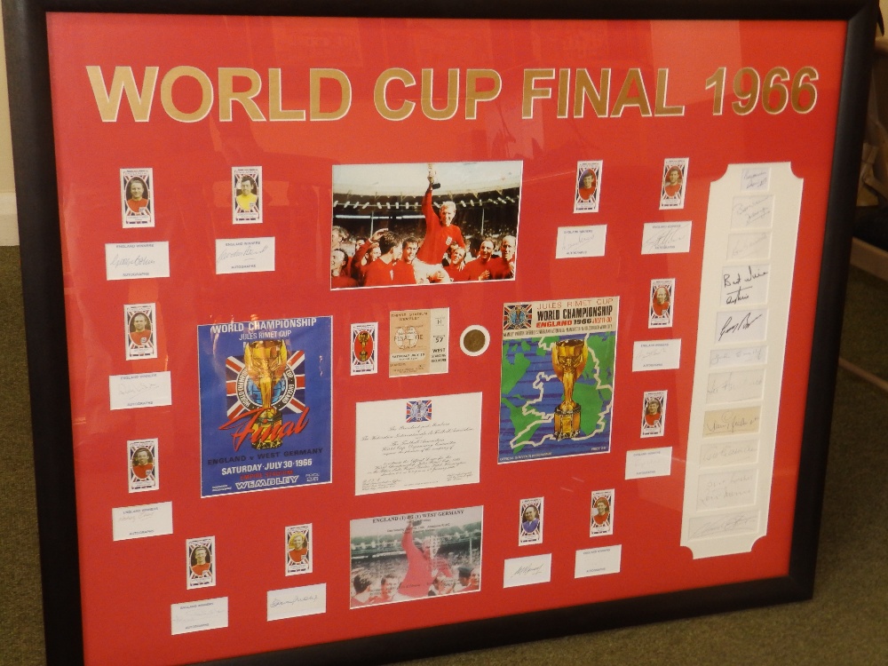 A framed montage of 1966 World Cup souvenirs, featuring (individual) signatures of the full 22 man