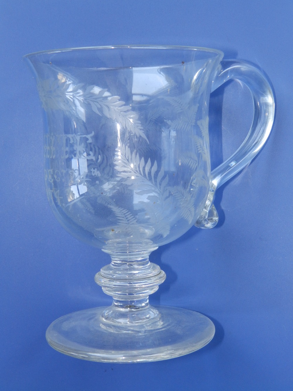A Victorian engraved glass christening cup, the bell bowl wheel engraved with leaves and inscribed '