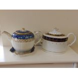 A blue & white Caughley teapot with gilding on stand and a Thos. Rose oval teapot – cracked