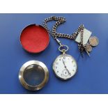 A nickel plated Omega pocket watch on silver chain