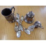 A late Victorian presentation silver mug – a/f, an inkwell and eight other pieces (10)