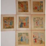 Seven small Chinese watercolours on silk - figures studies on terraces and in landscape, 6.75” x 6”