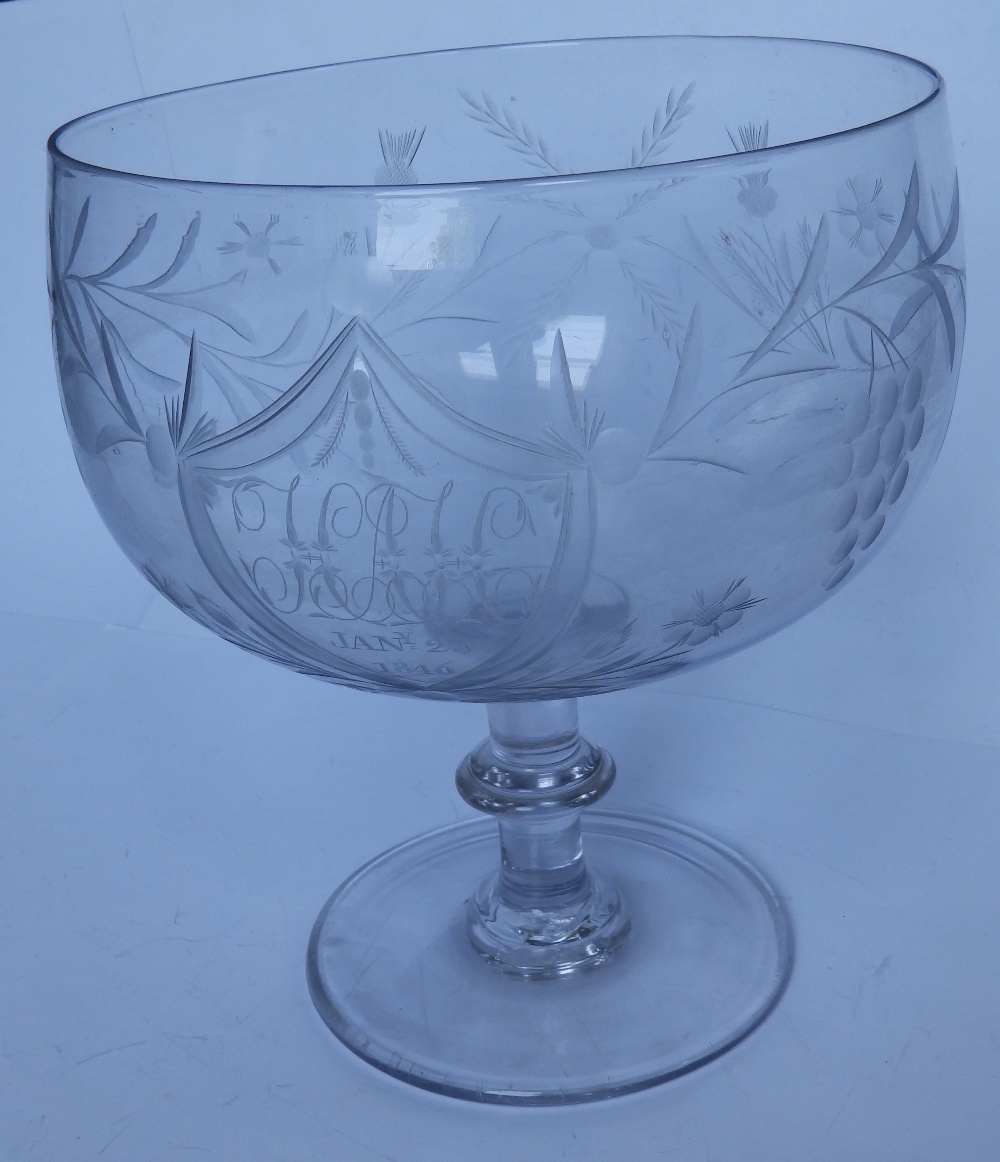 An early Victorian engraved glass presentation punch bowl on pedestal foot – 'HAH Jan 23rd 1846' ,