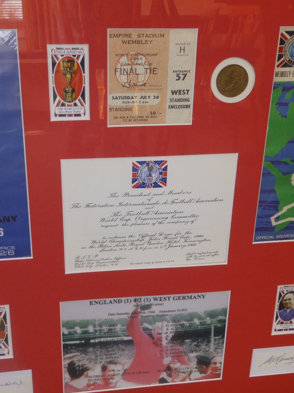 A framed montage of 1966 World Cup souvenirs, featuring (individual) signatures of the full 22 man - Image 4 of 7