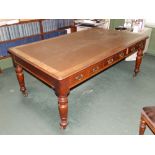 A Victorian library table on turned legs with leather inset top – top loose.