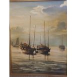 M. Cheng – oil on canvas – Moored junks, 29” x 23”