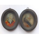 A small pair of oval reverse glass paintings - Two Georgian monarchs, 3.75” high