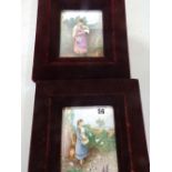 A pair of framed painted porcelain plaques – rustic scenes with figures.
