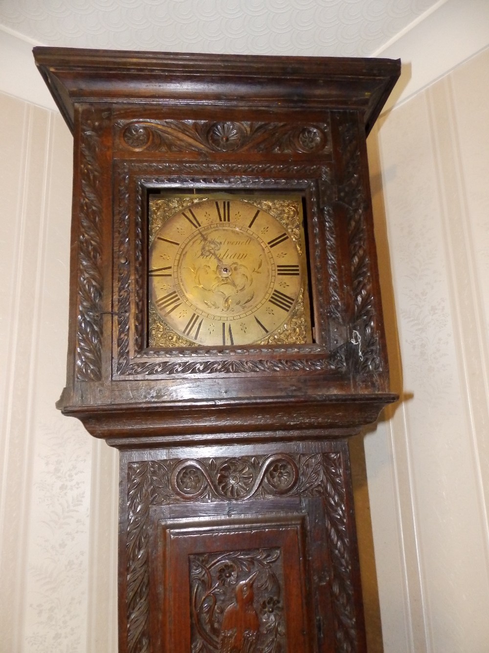 A brass dial bell striking 30 hour carved oak longcase clock, the 10” square dial inscribed ' - Image 2 of 3