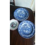 A Victorian 'Intemporance' plate and a pair of blue & white printed plates. (3)