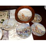 A Victorian colour printed pot lid, 'Transplanting Rice, another, 'Trafalgar Square' and three