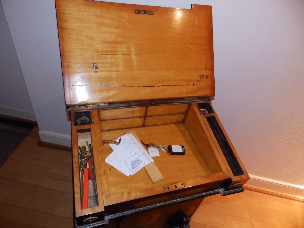 A Victorian ebonised davenport with marquetry walnut panels and ormolu mounts, the threequarter - Image 3 of 5