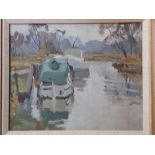 Edward Wesson RI (1910-1983) – oil on board – Two moored boats on a river, unsigned but inscribed