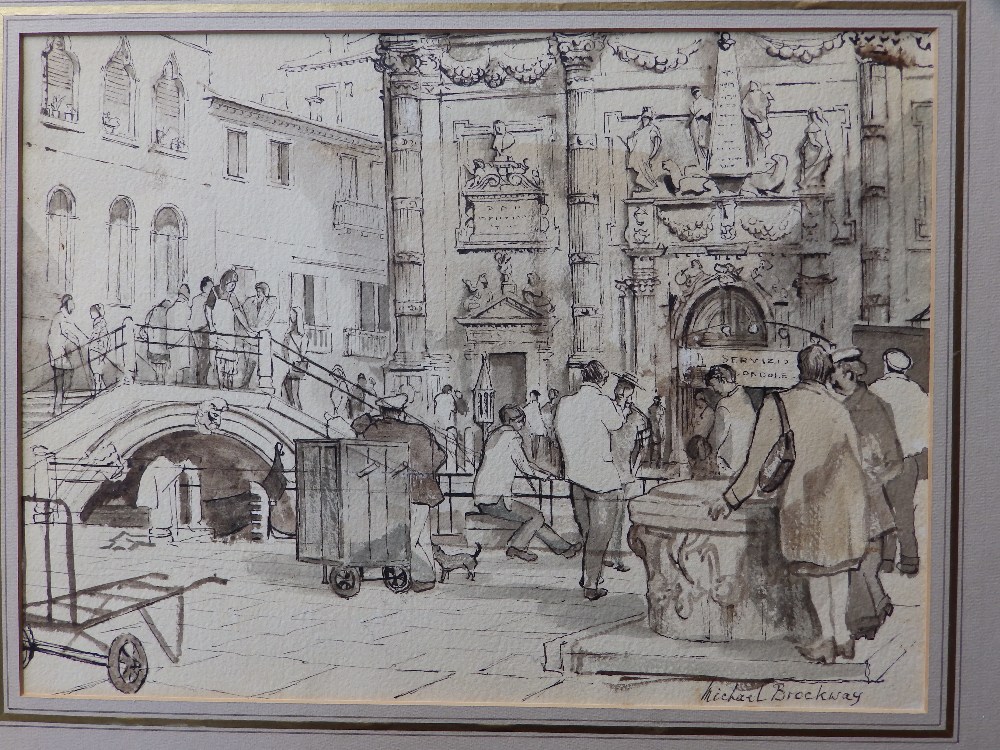 Michael Brockway – Ink with wash - Busy Venetian canal scene, signed, 10.5” x 14.5”