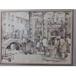Michael Brockway – Ink with wash - Busy Venetian canal scene, signed, 10.5” x 14.5”