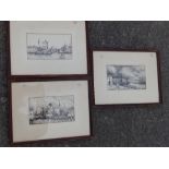 JvC – Three small black ink drawings – Continental harbour scenes with buildings and sailing
