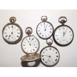 Four damaged silver pocket watches and one other. (5)
