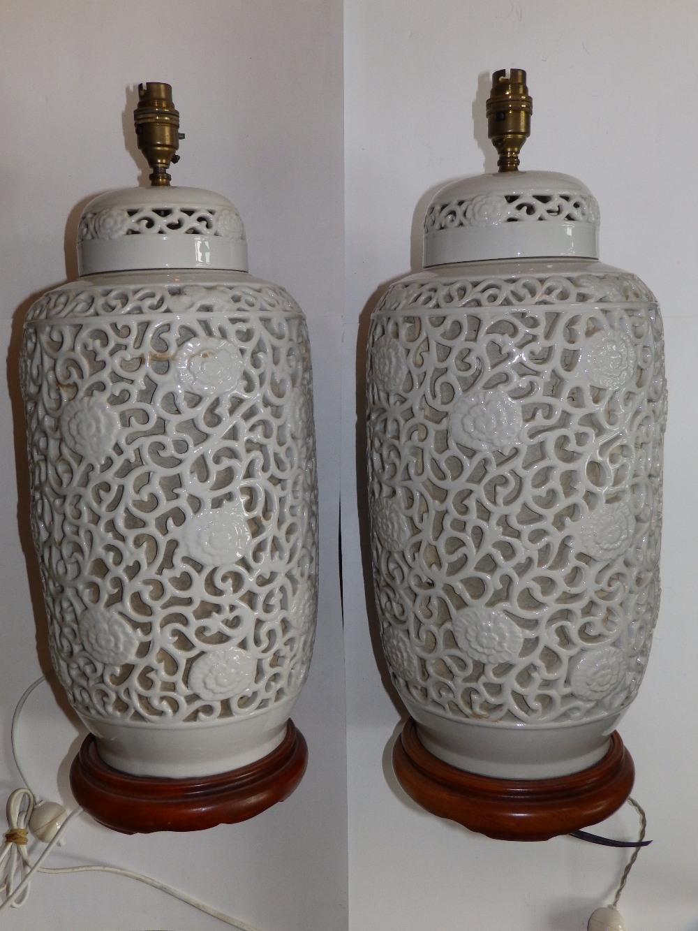 A pair of 20thC Chinese reticulated vase lamps, 16”.