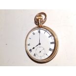 A 9ct gold open faced pocket watch with white enamel dial having subsidiary seconds – '15 jewels