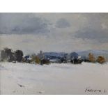 Edward Wesson RI (1910-1983) – oil on board – Snow scene with distant church – possibly Charing,