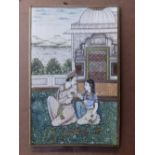 A small late 19thC Indian painting – Courting couple on a terrace, 5.5” x 3.75” - a/f