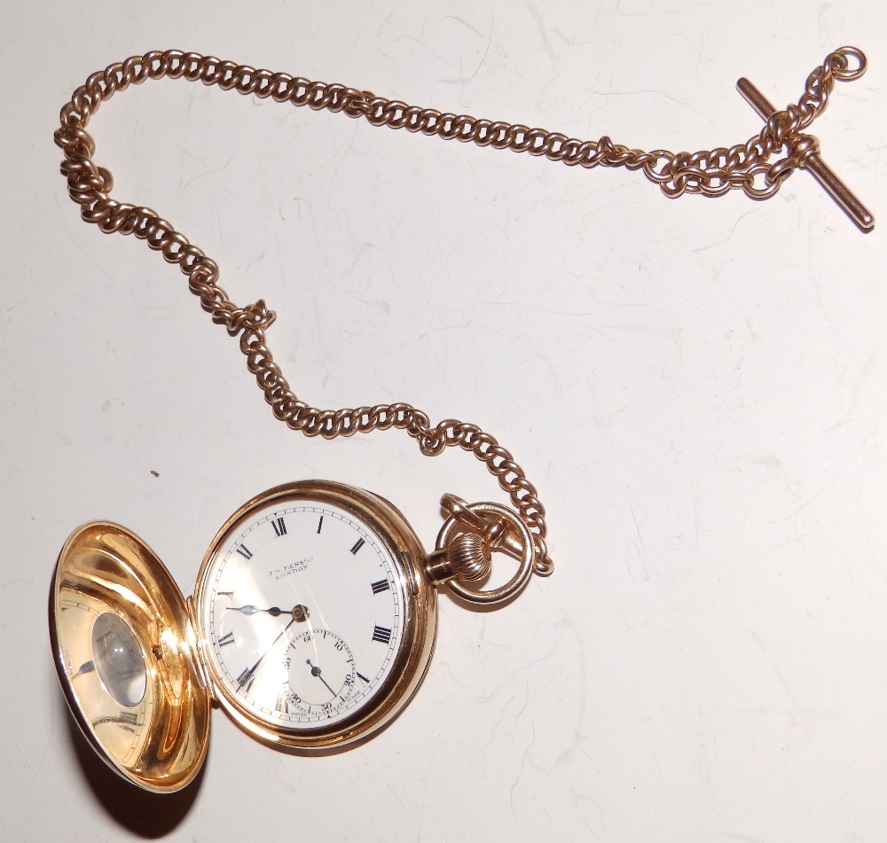 A cased 9ct gold half hunter Benson pocket watch with 14” chain, the white enamel dial with - Image 2 of 3