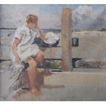 Rodney J. Burn RA (1899-1984) – oil on canvas – On the Promenade – a young girl in white smock,