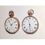 Two 9ct gold open faced pocket watches with white enamel dials and subsidiary seconds.