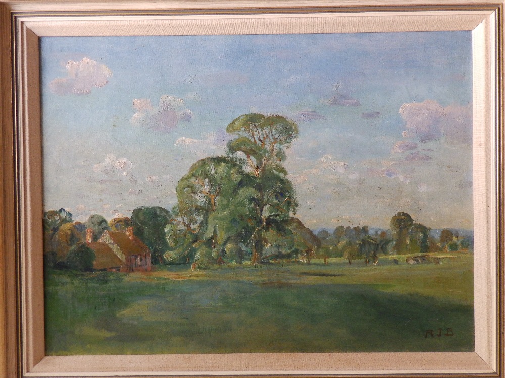 Rodney J. Burn RA (1899-1984) – oil on canvas – 'Cottage and Elm Trees at Rotherwick, Hampshire',