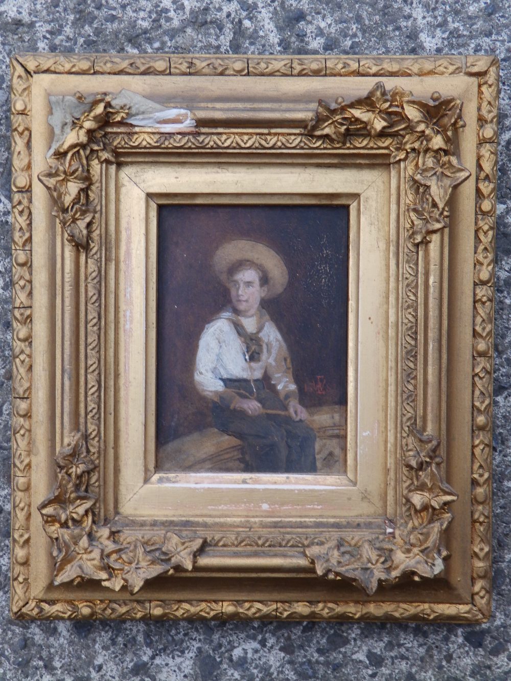 A miniature oil on panel – Young Sailor boy – monogrammed.