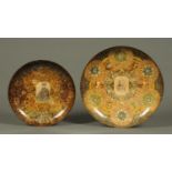 Two early 20th century glass shallow bowls, decorated with photographs and cigar labels.