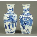 A pair of Chinese blue and white vases, decorated with figures with parasols and musicians, with six