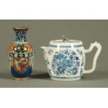 A 19th century Chinese blue and white barrel shaped teapot and cover, height 11 cm, and a