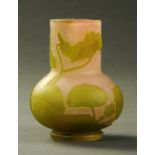 An Emile Galle Nancy Capucine cameo glass vase, green over pale pink.  Height 9.5 cm.