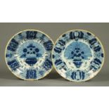 A pair of 18th century Delft chargers, blue and white.  Diameter 32 cm (see illustration).