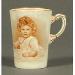 A Paragon China Company souvenir mug, Princess Elizabeth, printed marks to base. Height 9.5 cm.