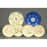 Four nursery rhyme plates, possibly Ridgways, and two Continental earthenware blue and white plates,
