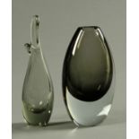 Two smoky grey Art Glass vases, one signed "Holmegaard" the other also Swedish, signed.