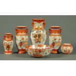 Six pieces of Kutani porcelain, comprising bowl, pair of vases, large vase and two small vases.