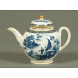 A late 18th/early 19th century blue and white teapot, Fisherman pattern heightened with gilding.