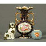 A Derby style twin handled vase, with floral decoration,