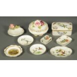 Five pieces of Herend handpainted porcelain, a floral encrusted Coalport lidded casket,