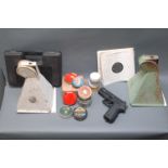 Gamo .177 CO2 powered air pistol PT80 and 2 vintage pellet catchers, targets, tins of pellets, etc.