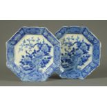 A pair of 19th century Japanese Arita blue and white octagonal chargers. Width 35 cm.