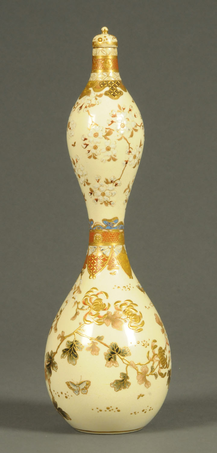 A Japanese Meiji period Satsuma gourd shaped vase, with lid,