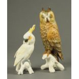 A Karl Ens long eared owl, matt finish, and a Karl Ens cockatoo. Height of owl 27 cm.