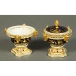 A pair of 19th century Derby potpourri vases, one lid missing. Tallest 15 cm.