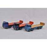 Trio of Dinky No. 903 Foden (2nd Type) Flat Truck with Tailboard. Includes Dark Blue / Orange, Light